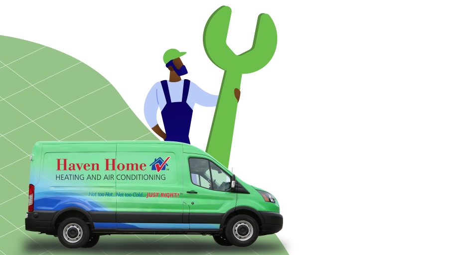 Illustration of man with giant wrench standing by Haven Home truck